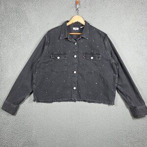Levis Denim Shirt Womens Medium Dark Wash Studded Fringe Hem Western Cowgirl
